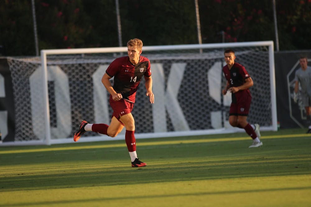 <p>Defender Camden Kowalski runs up the field as his eyes are locked on a play happening to the side of him. USC Upstate went on to win the game against the Gamecocks 2-1 on Aug. 29, 2025.</p>