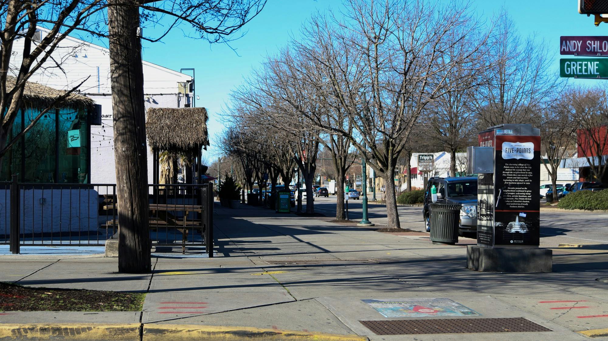 The walkway facing the bar Breakers from the corner of Harden and Greene Street at 4:24 p.m. on Jan. 29, 2021.&nbsp;