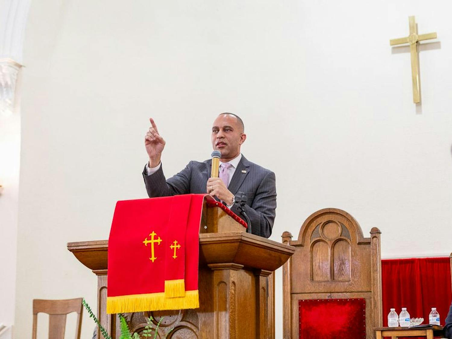 Honorable Hakeem Jeffries, the House Democratic leader for the U.S. House of Representatives, gives the keynote speech during the Martin Luther King Jr. Statewide Prayer Service at Zion Baptist Church in Columbia, SC on Jan. 15, 2024. Representative Jeffries discussed Dr. King’s legacy and the work that needs to be done to work toward “Dr. King's dream of a truly colorblind society.”