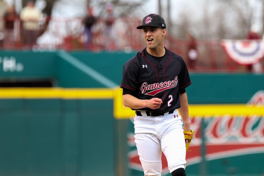 <p>Redshirt sophomore pitcher Roman Kimball celebrates a strikeout on Feb. 18, 2024 during the Gamecocks' matchup against Miami-Ohio. Kimball's pitching contributed to the eighth no-hitter in Gamecock Baseball history.</p>