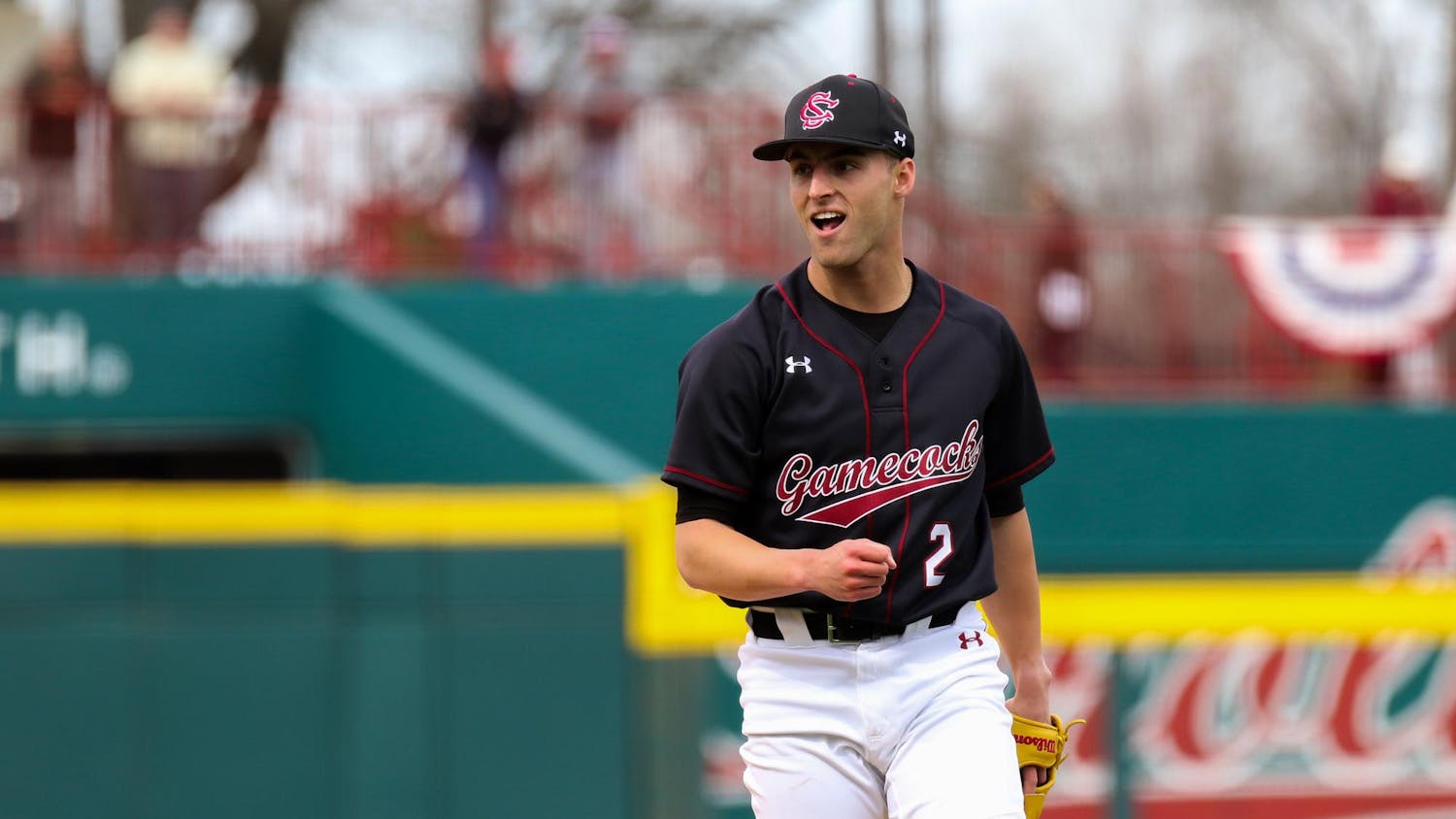 Redshirt sophomore pitcher Roman Kimball celebrates a strikeout on Feb. 18, 2024 during the Gamecocks' matchup against Miami-Ohio. Kimball's pitching contributed to the eighth no-hitter in Gamecock Baseball history.
