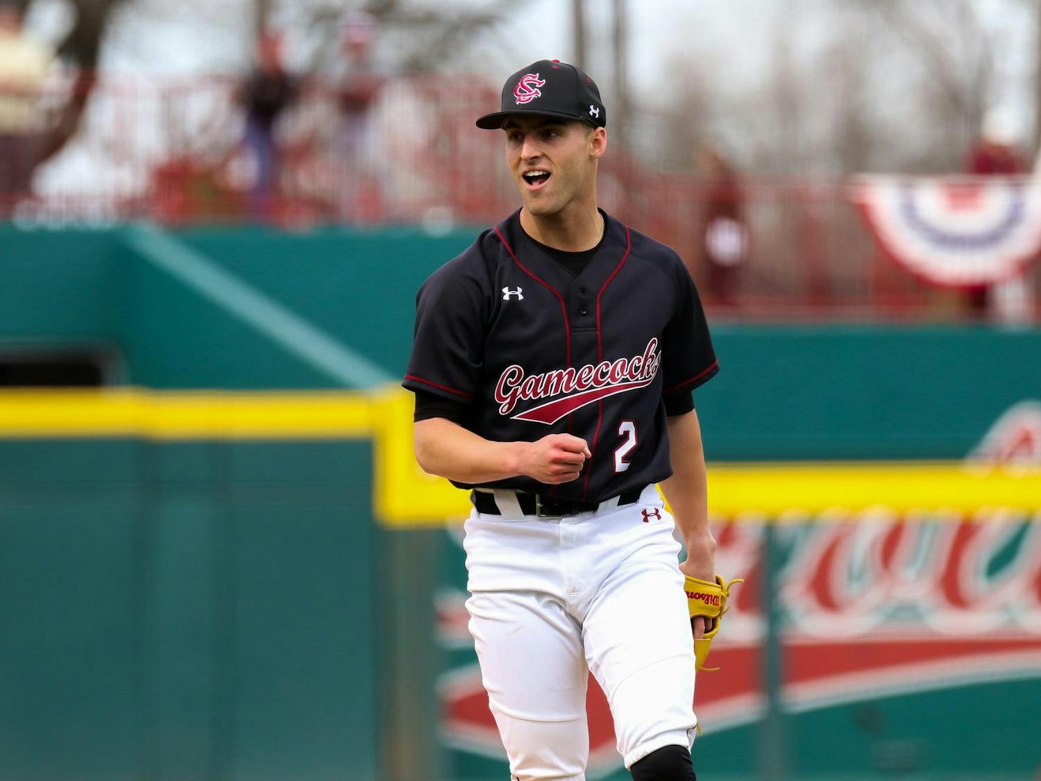 Redshirt sophomore pitcher Roman Kimball celebrates a strikeout on Feb. 18, 2024 during the Gamecocks' matchup against Miami-Ohio. Kimball's pitching contributed to the eighth no-hitter in Gamecock Baseball history.
