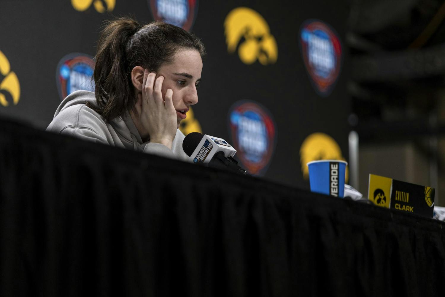 Iowa senior guard Caitlin Clark speaks to the media during a press conference on April 6, 2024, in Rocket Mortgage FieldHouse. Clark reflected on the difference in this year's South Carolina team from last year. “We have to guard them completely different. The way they're shooting the ball. I mean, they start five different people," Clark said. "They switch up who they start at the four position from game to game, so we'll be prepared for either of those."