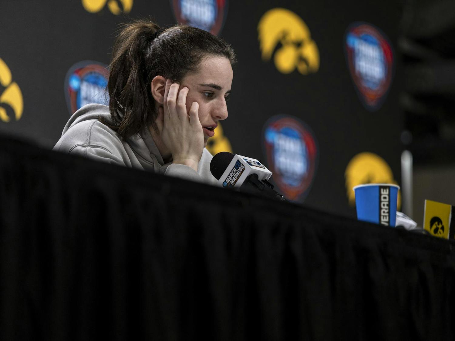 Iowa senior guard Caitlin Clark speaks to the media during a press conference on April 6, 2024, in Rocket Mortgage FieldHouse. Clark reflected on the difference in this year's South Carolina team from last year. “We have to guard them completely different. The way they're shooting the ball. I mean, they start five different people," Clark said. "They switch up who they start at the four position from game to game, so we'll be prepared for either of those."