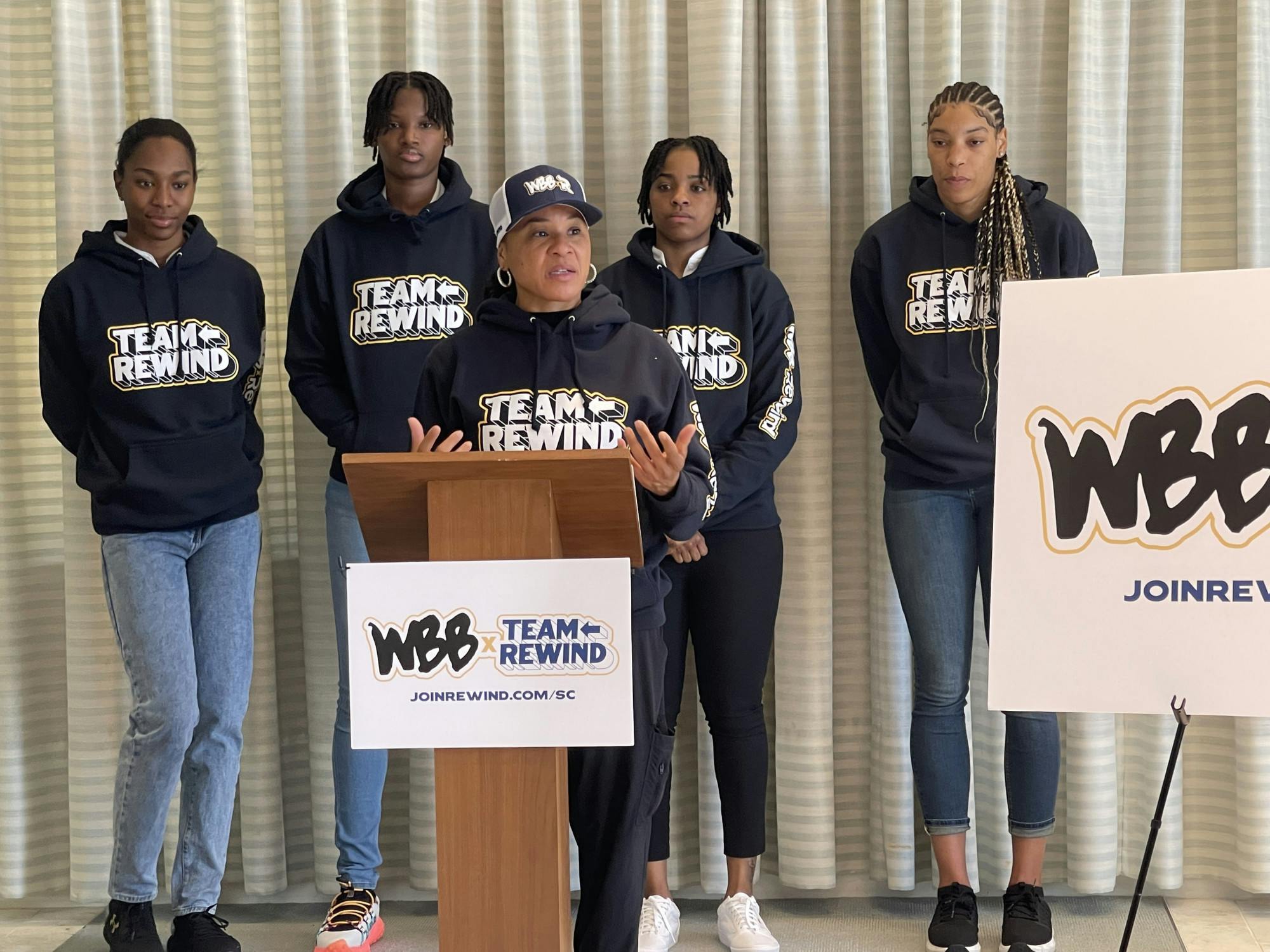 Head women’s basketball coach Dawn Staley speaks to the media at an event to launch the South Carolina women’s basketball team’s partnership with Rewind on Oct. 6, 2022. The goal of the partnership is to help cure diabetes in South Carolina residents.