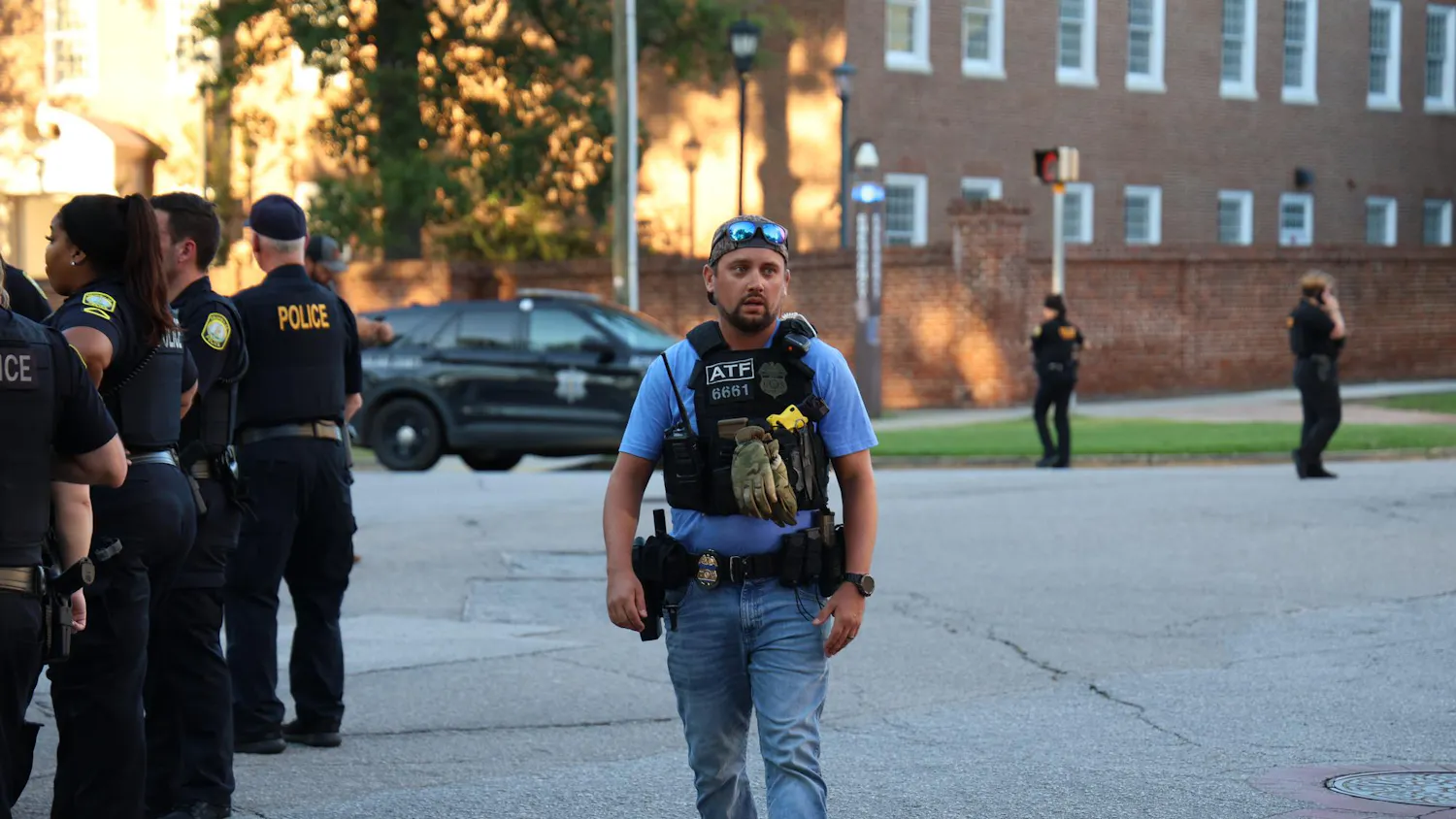 An ATF officer walks down the intersection of Greene and Sumter in the afternoon hour of Aug. 25, 2025. An active shooter was reported in Thomas Cooper Library.