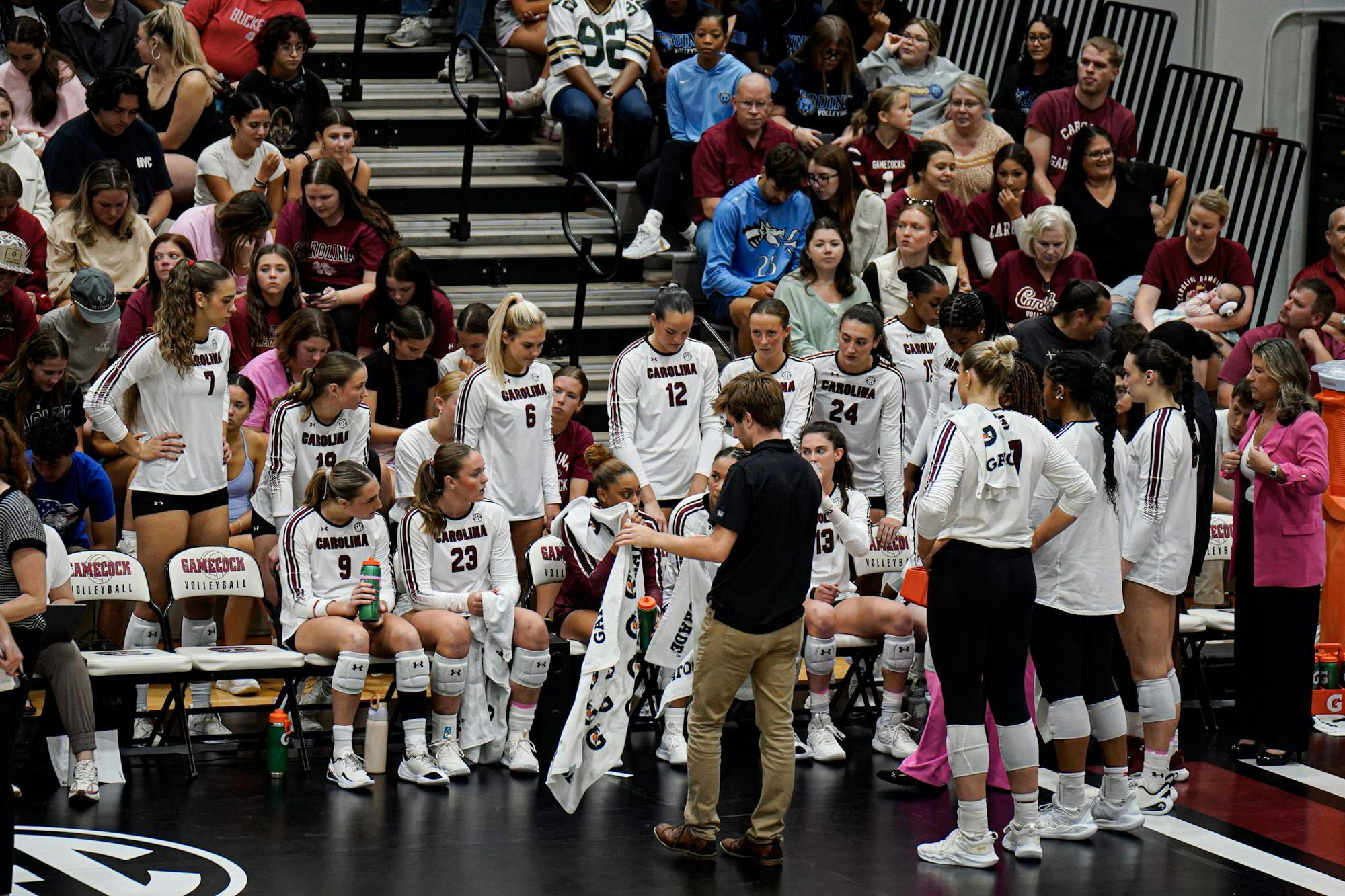 Timeout called by head coach Sarah Rumely Noble against Alabama at the Carolina Volleyball Center on Oct. 19, 2025. The Gamecocks were 7-10 going into this matchup.