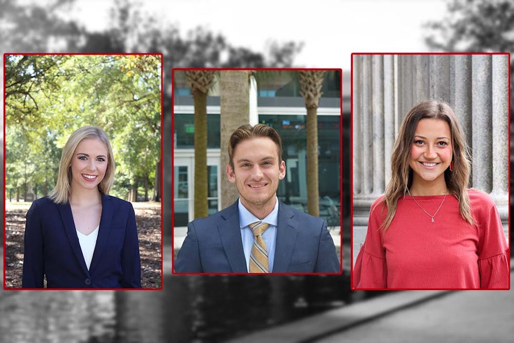 <p>(Left to right) Former student body treasurer Laney Quickel, division secretary of finance Jason Zapranzy, and former student body treasurer Kate Turner. Voting to re-establish the Office of Student Body treasurer and create a student senate delegation for CarolinaLIFE has been postponed.</p>
