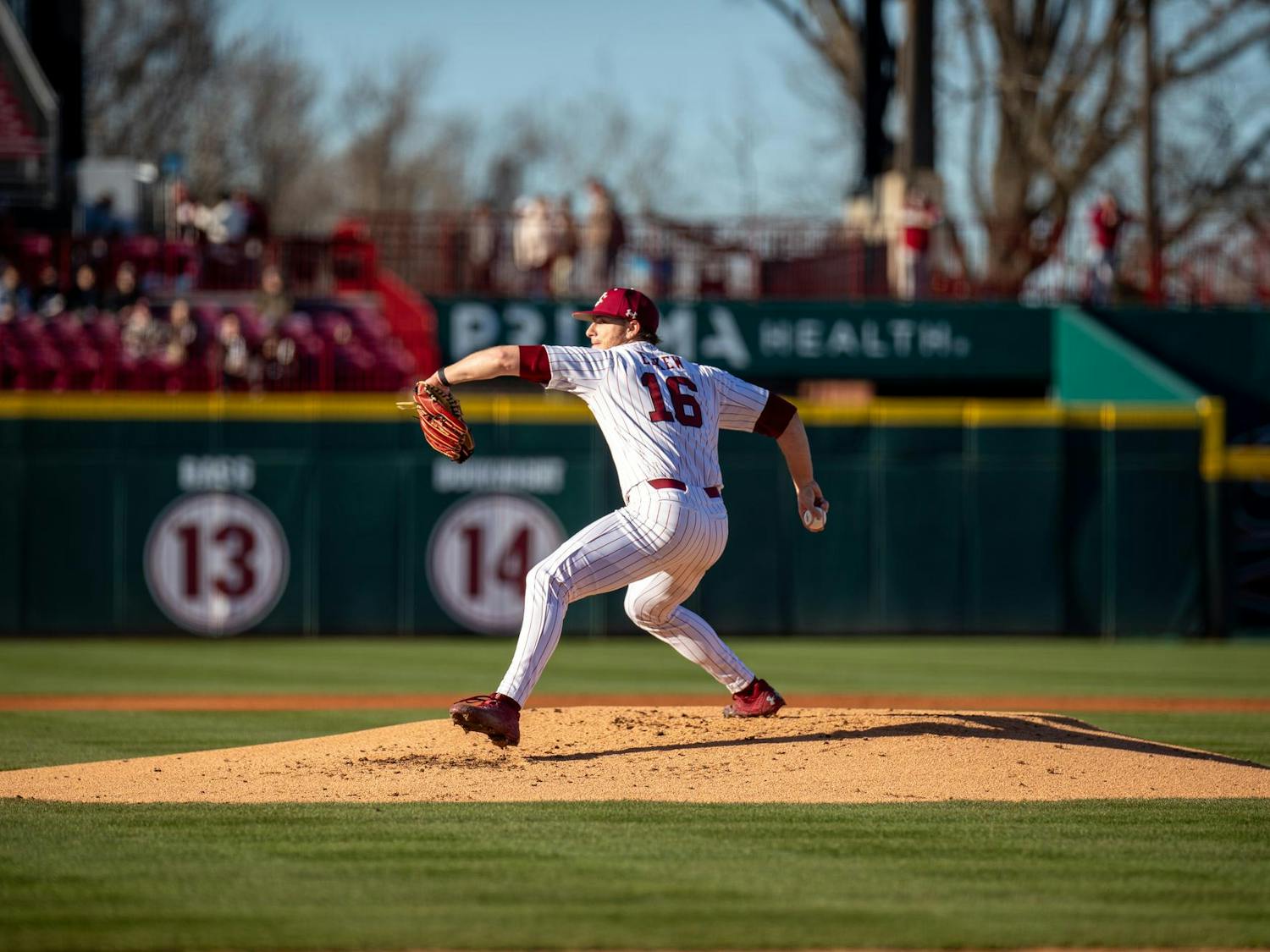 Senior right-handed pitcher Dylan Eskew throws a pitch against a Milwaukee batter on Feb. 21, 2025. Eskew has a 2.57 ERA on the season.