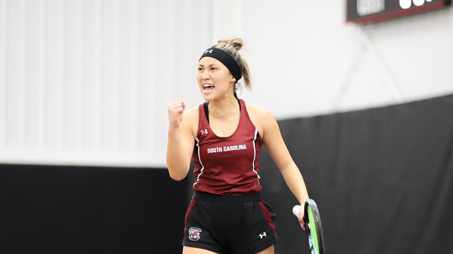 Junior Misa Malkin celebrates after claiming a victory for the Gamecocks.&nbsp;South Carolina won both its singles and doubles competitions against Presbyterian on Jan. 21, 2024, at the Carolina Indoor Tennis Center.