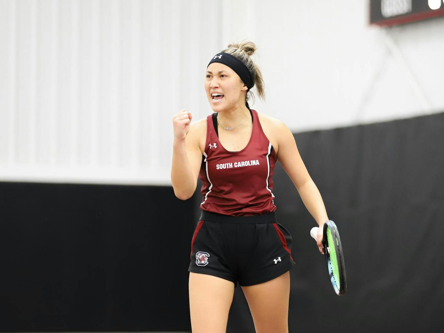 Junior Misa Malkin celebrates after claiming a victory for the Gamecocks.&nbsp;South Carolina won both its singles and doubles competitions against Presbyterian on Jan. 21, 2024, at the Carolina Indoor Tennis Center.