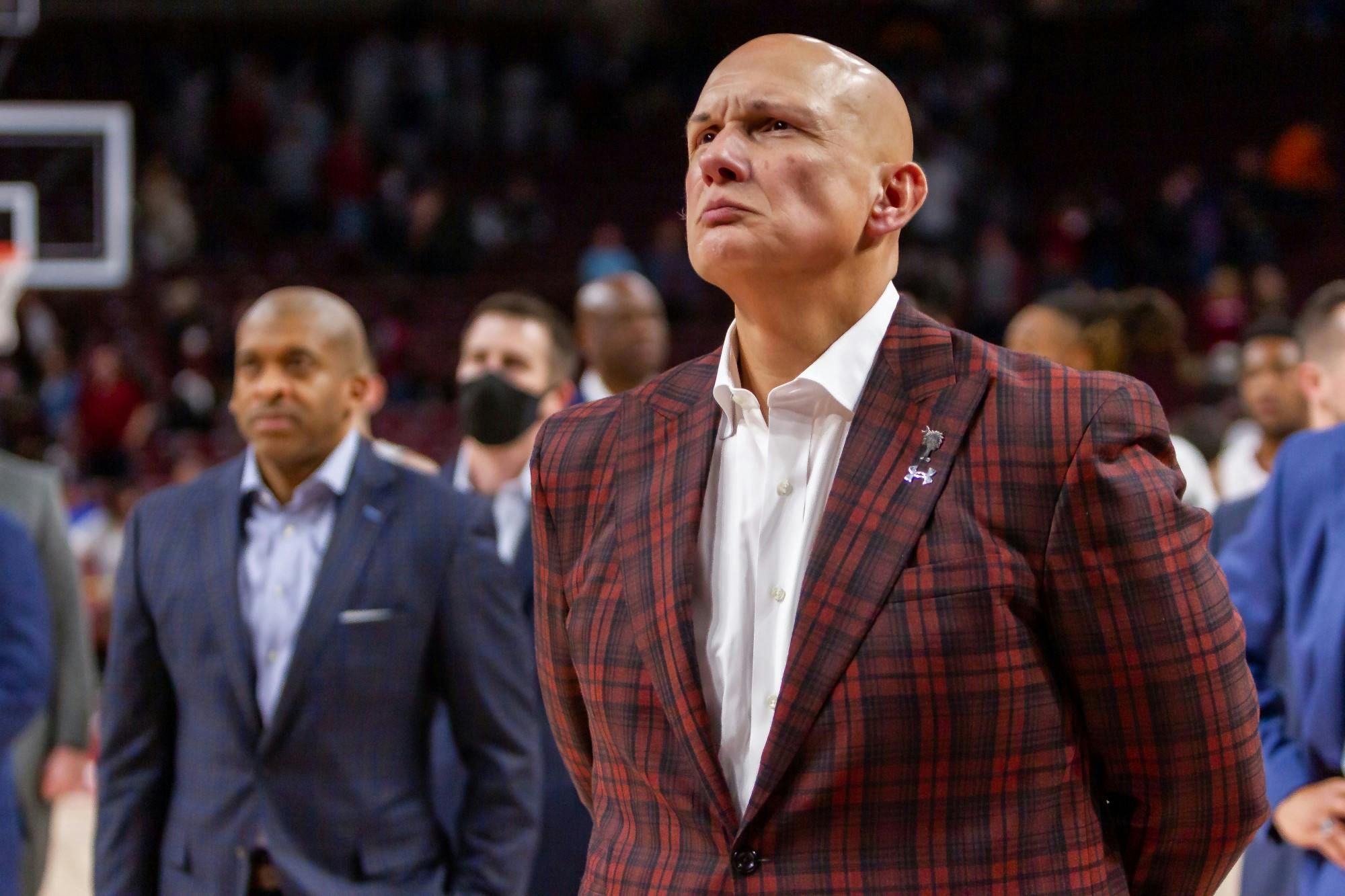 FILE—Former South Carolina men’s basketball head coach Frank Martin exits the court after a loss to Tennessee on Feb. 5, 2022, at Colonial Life Arena. Martin was fired on March 14, 2022 and replaced by new men’s basketball head coach Lamont Paris.