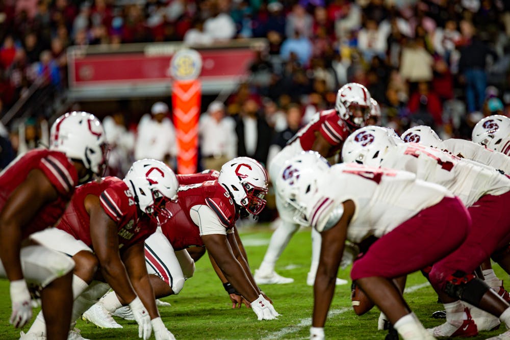 <p>The Gamecocks line up during a play in the second half of their game against the S.C. State Bulldogs on Sept. 29, 2022. The Gamecocks defeated S.C. State 50-10.</p>