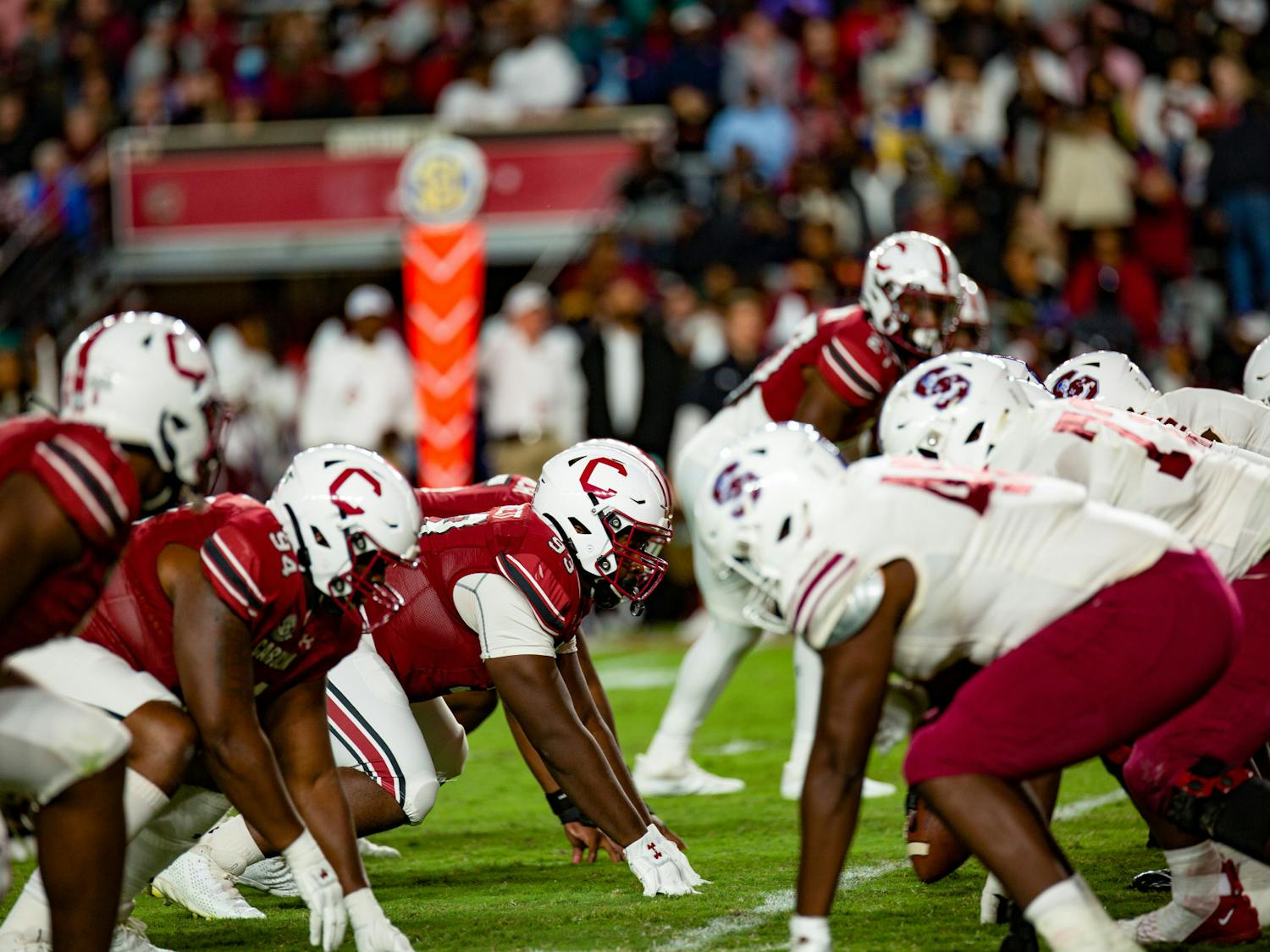The Gamecocks line up during a play in the second half of their game against the S.C. State Bulldogs on Sept. 29, 2022. The Gamecocks defeated S.C. State 50-10.