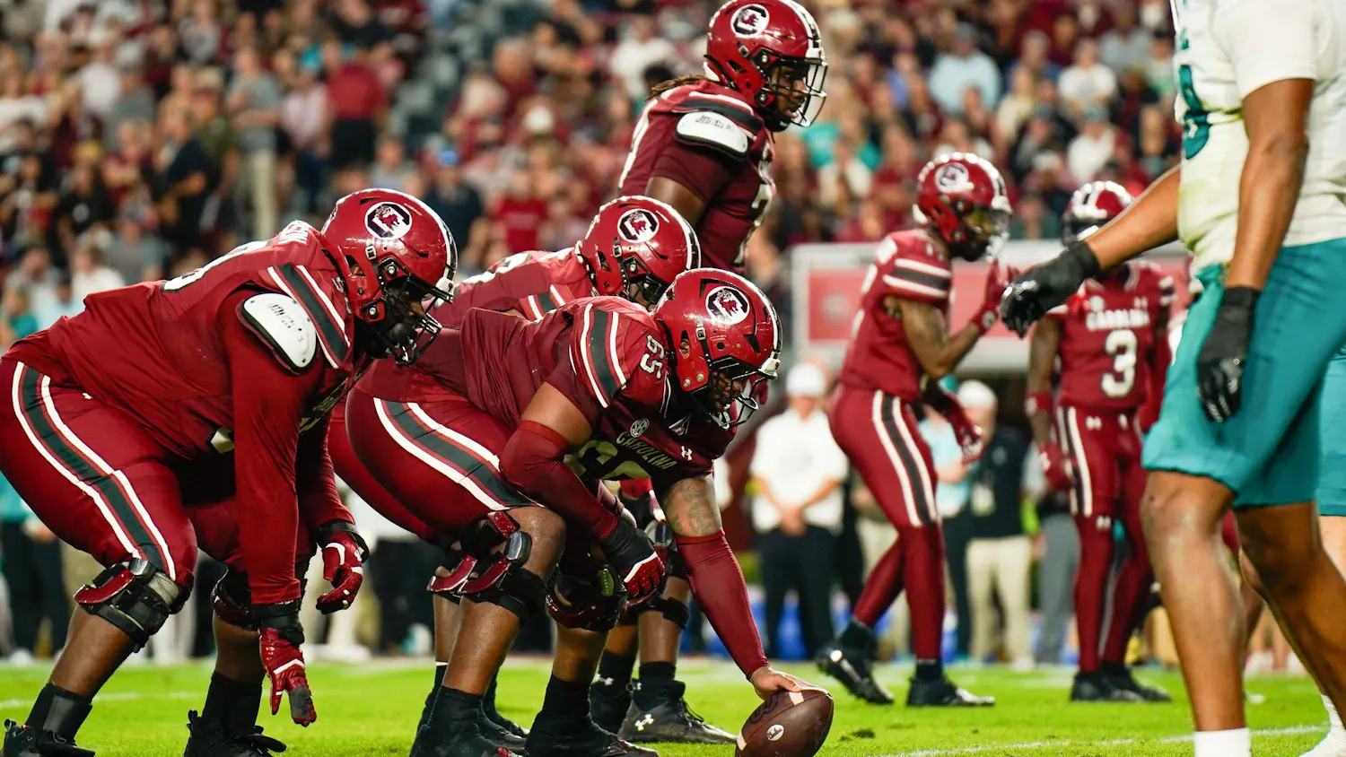 FILE — Sixth year offensive lineman Rodney Newsom Jr sets the ball at the line of scrimmage against Coastal Carolina at Williams-Brice Stadium on Nov. 22, 2025.