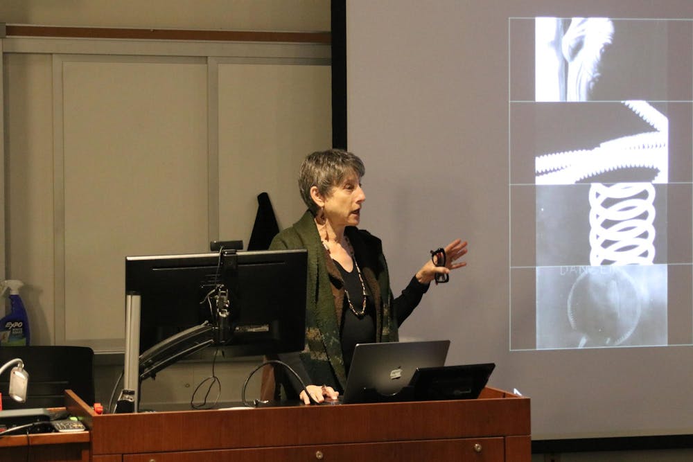 <p>USC art history and film media studies professor Susan Fellerman gives a lecture ahead of a screening of the 1924 French film "Crazy Ray.” The film was screened at the McMaster School of Visual Art and Design on Oct. 27, 2025, as part of Cinécola, a French film festival hosted across several campus locations.</p>