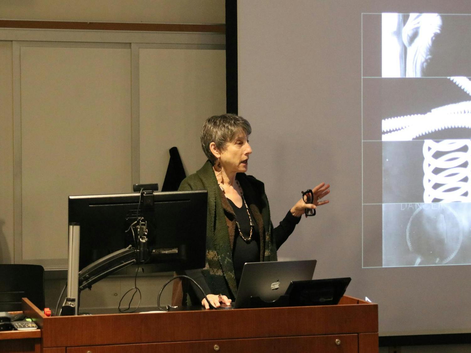 USC art history and film media studies professor Susan Felleman gives a lecture ahead of a screening of the 1924 French film "Crazy Ray.” The film was screened at the McMaster School of Visual Art and Design on Oct. 27, 2025, as part of Cinécola, a French film festival hosted across several campus locations.