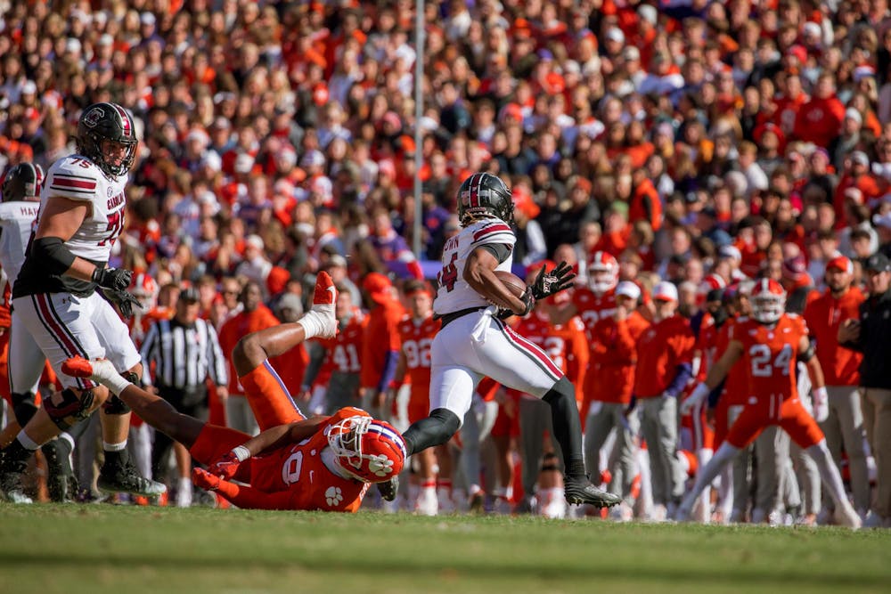 <p>Then-redshirt junior wide receiver Jared Brown runs the football past a Clemson defender on Nov. 30, 2024, at Memorial Stadium in Clemson, South Carolina. The Gamecocks are set to face the Tigers on Nov. 29, 2025, at Williams-Brice Stadium for their annual rivalry football game.</p>