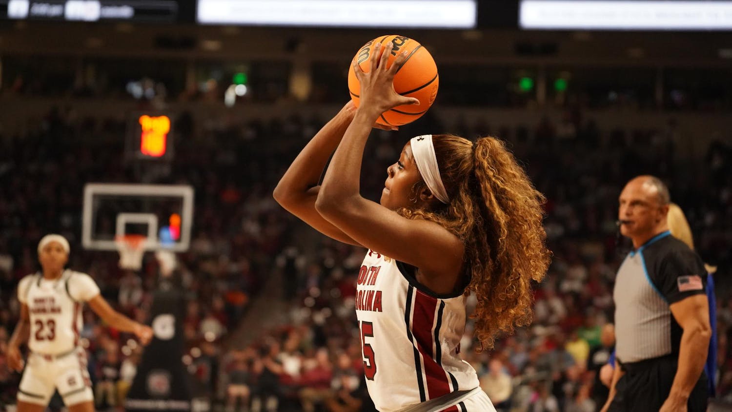 Sophomore guard Raven Johnson attempts a 3-point shot from the corner during South Carolina's game against Georgia on Feb. 18, 2024, at Colonial Life Arena. Johnson scored 9 points in the Gamecocks' 70-56 victory over the Bulldogs.