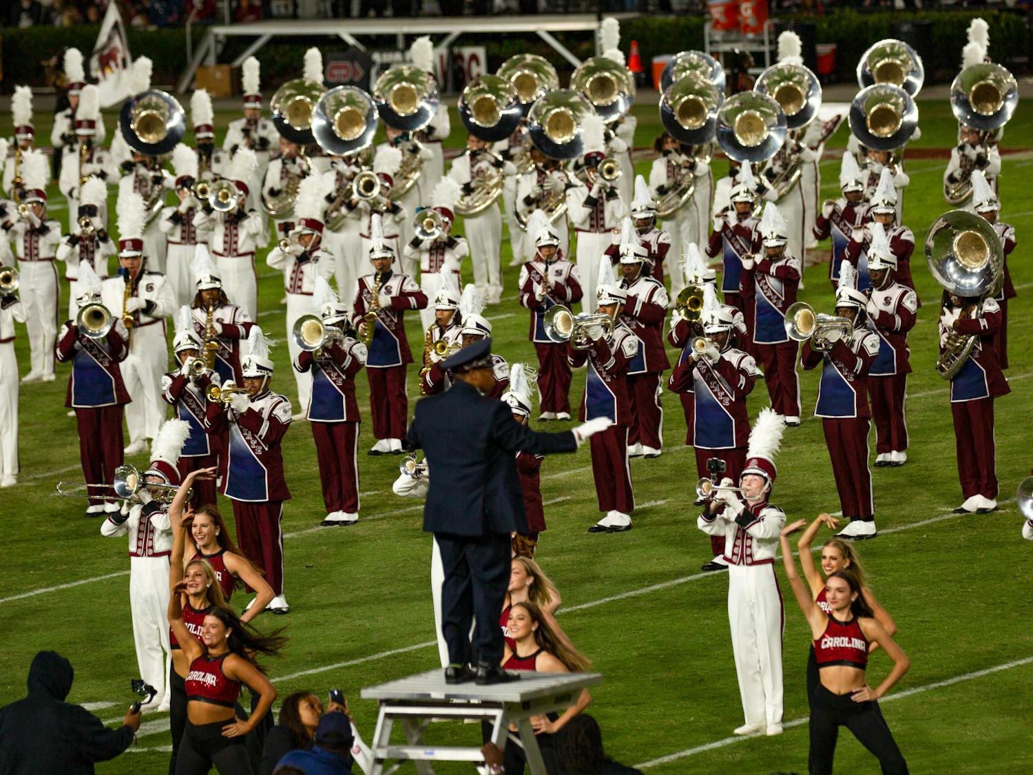 The University of South Carolina and South Carolina State marching bands join together for a rendition of &nbsp;“Ain't no Mountain High Enough" during the halftime show on Sept. 29, 2022. The Gamecocks beat the Bulldogs 50-10.&nbsp;