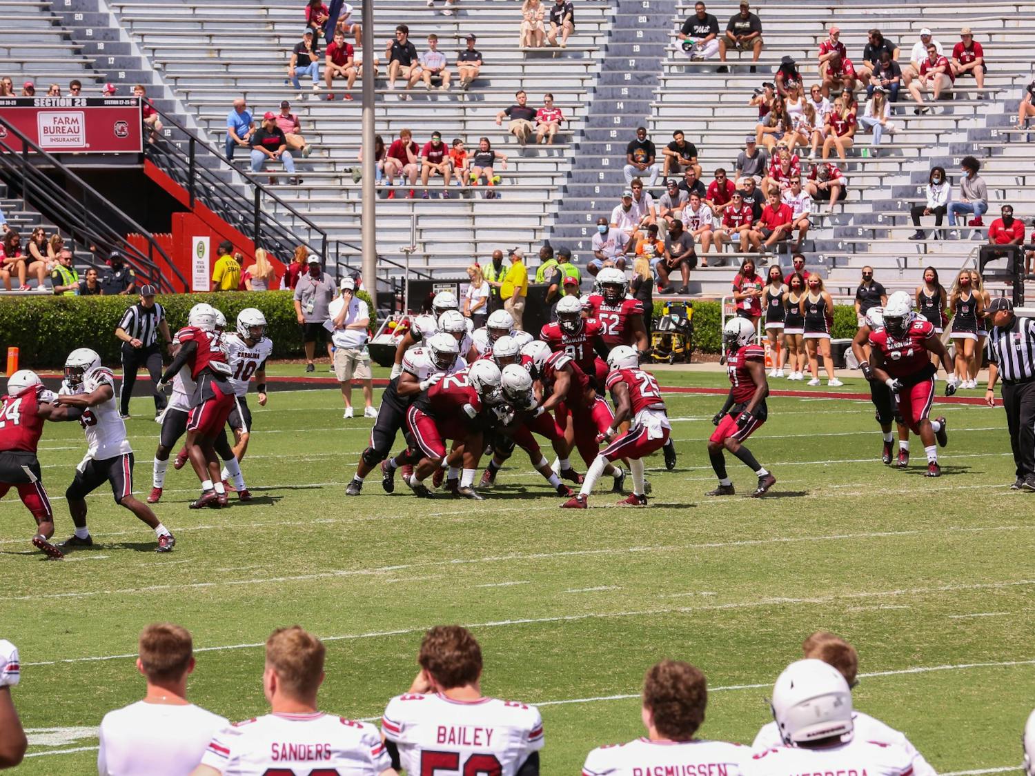 &nbsp;A view from above the playing field showing the USC football team playing against each other in the 2021 Spring Game.&nbsp;