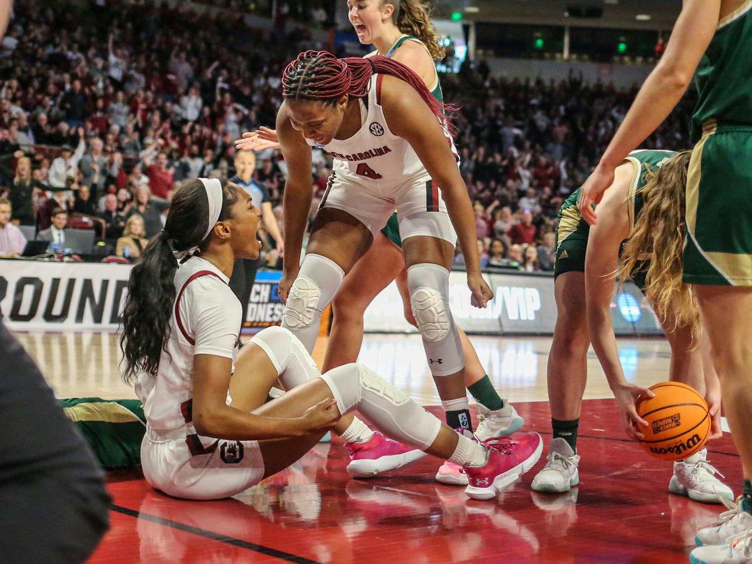 Senior forward Aliyah Boston and sophomore guard Bree Hall celebrate after drawing a foul during South Carolina’s game against South Florida in round two of the NCAA tournament at Colonial Life Arena on March 19, 2023. The Gamecocks defeated the Bulls 76-45.