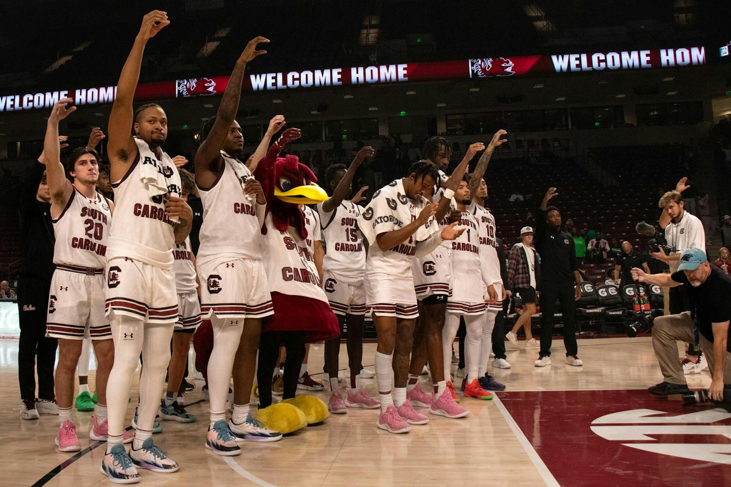 The South Carolina men's basketball team sings the alma mater after its victory over USC Upstate on Nov. 6, 2023. The Gamecocks defeated the Spartans 82-53, marking its largest margin of victory in a season-opener in 10 years.