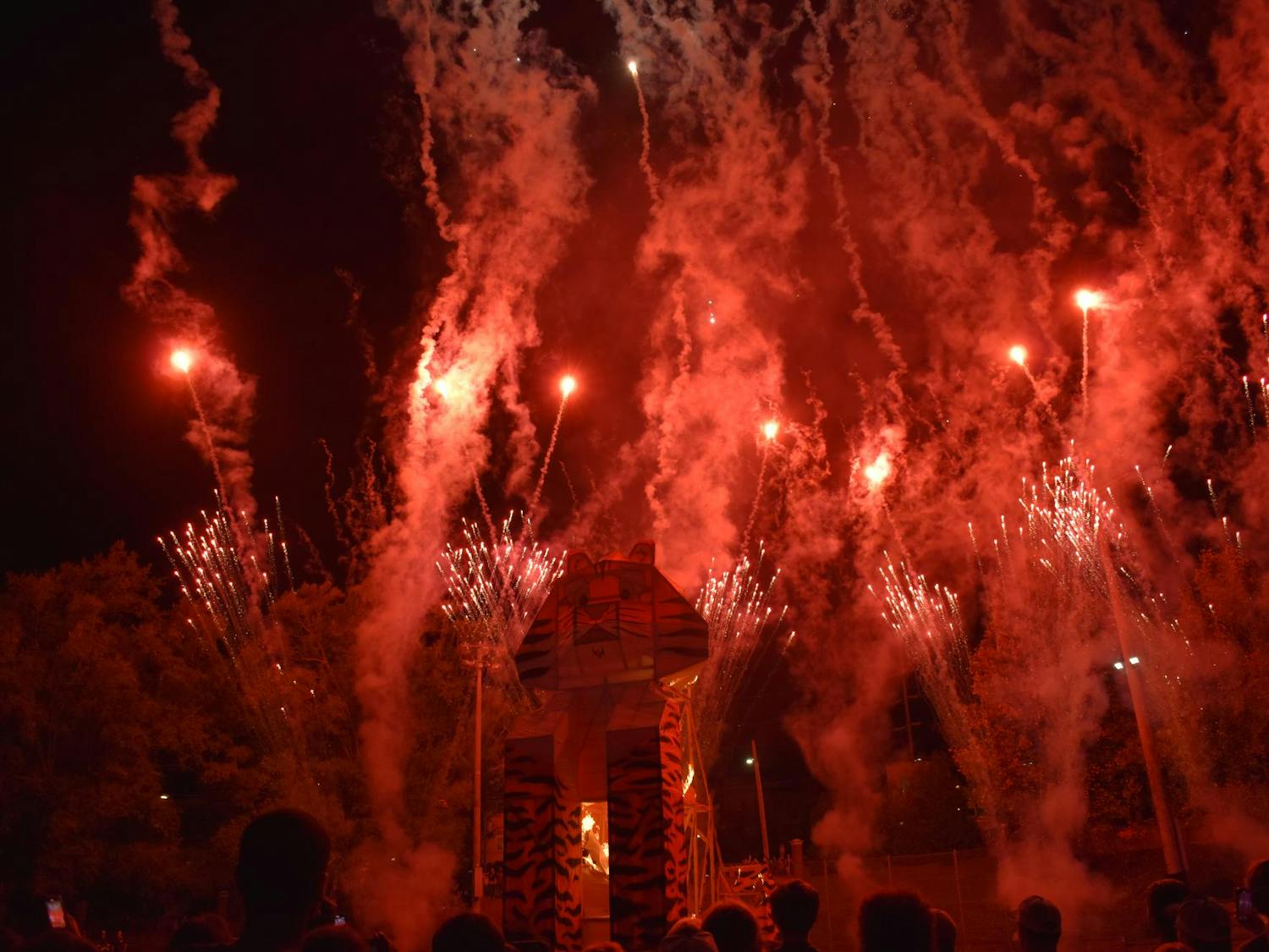 An effigy of a Clemson Tiger stands surrounded by fireworks during the University of South Carolina's annual Tiger Burn on Nov. 20, 2024. Tiger Burn marks the start of rivalry week leading up to the annual Palmetto Bowl game between South Carolina and in-state rival Clemson.