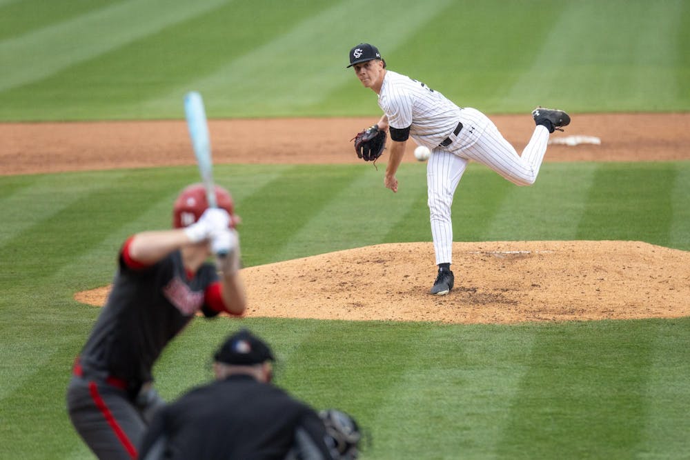 <p>FILE — Senior pitcher Matthew Becker throws a pitch during a game against Sacred Heart University on Feb. 15, 2025, at Founders Park. Becker threw for five innings, earning nine strikeouts and allowing only one hit.</p>