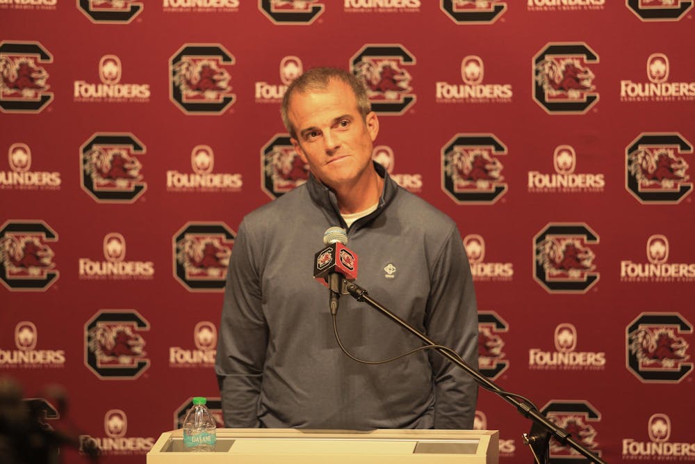 <p>Head football coach Shane Beamer speaks at a South Carolina football press conference on Sept. 17, 2024. Beamer stated that the team is working hard in practice to stay on their goal for the rest of the season.</p>