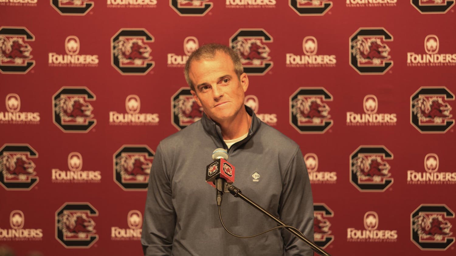 Head football coach Shane Beamer speaks at a South Carolina football press conference on Sept. 17, 2024. Beamer stated that the team is working hard in practice to stay on their goal for the rest of the season.