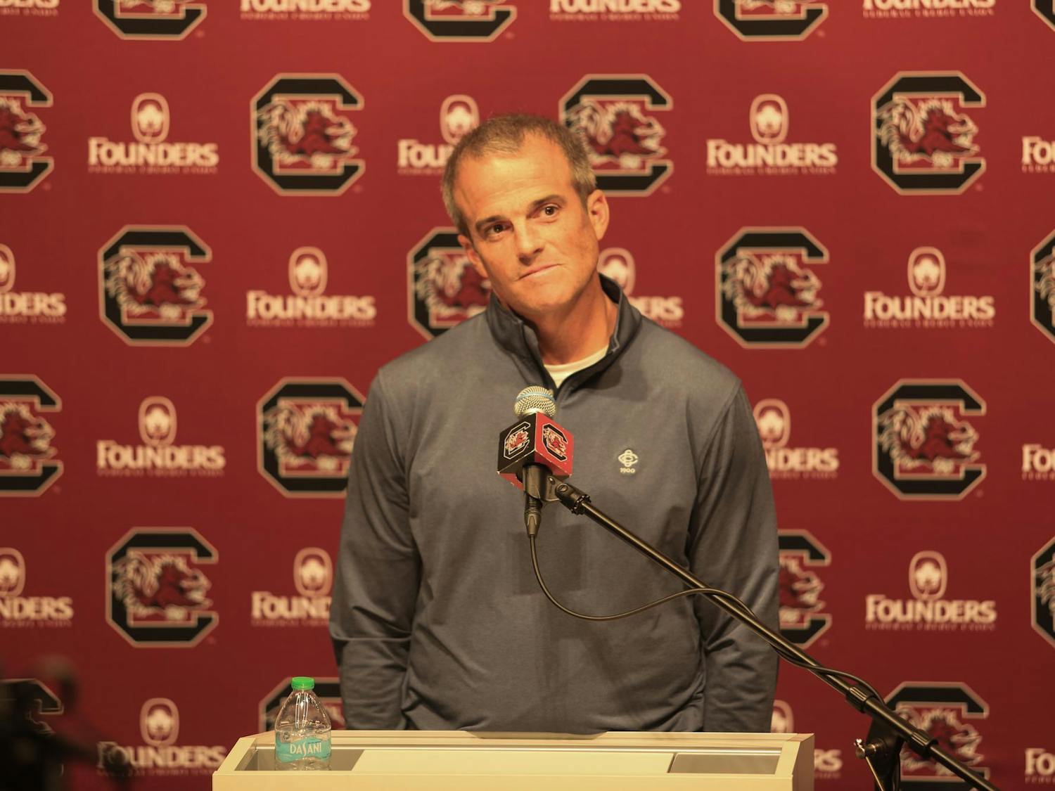 Head football coach Shane Beamer speaks at a South Carolina football press conference on Sept. 17, 2024. Beamer stated that the team is working hard in practice to stay on their goal for the rest of the season.