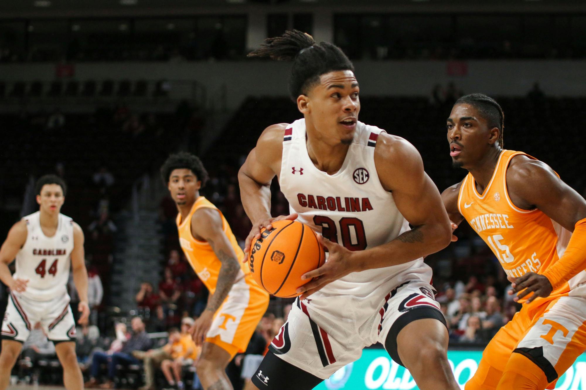 Freshman forward Daniel Hankins-Sanford battles in the post on Jan. 7, 2023. The Gamecocks lost to the Volunteers 85-42.
