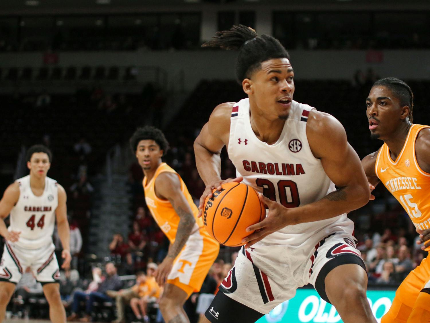 Freshman forward Daniel Hankins-Sanford battles in the post on Jan. 7, 2023. The Gamecocks lost to the Volunteers 85-42.
