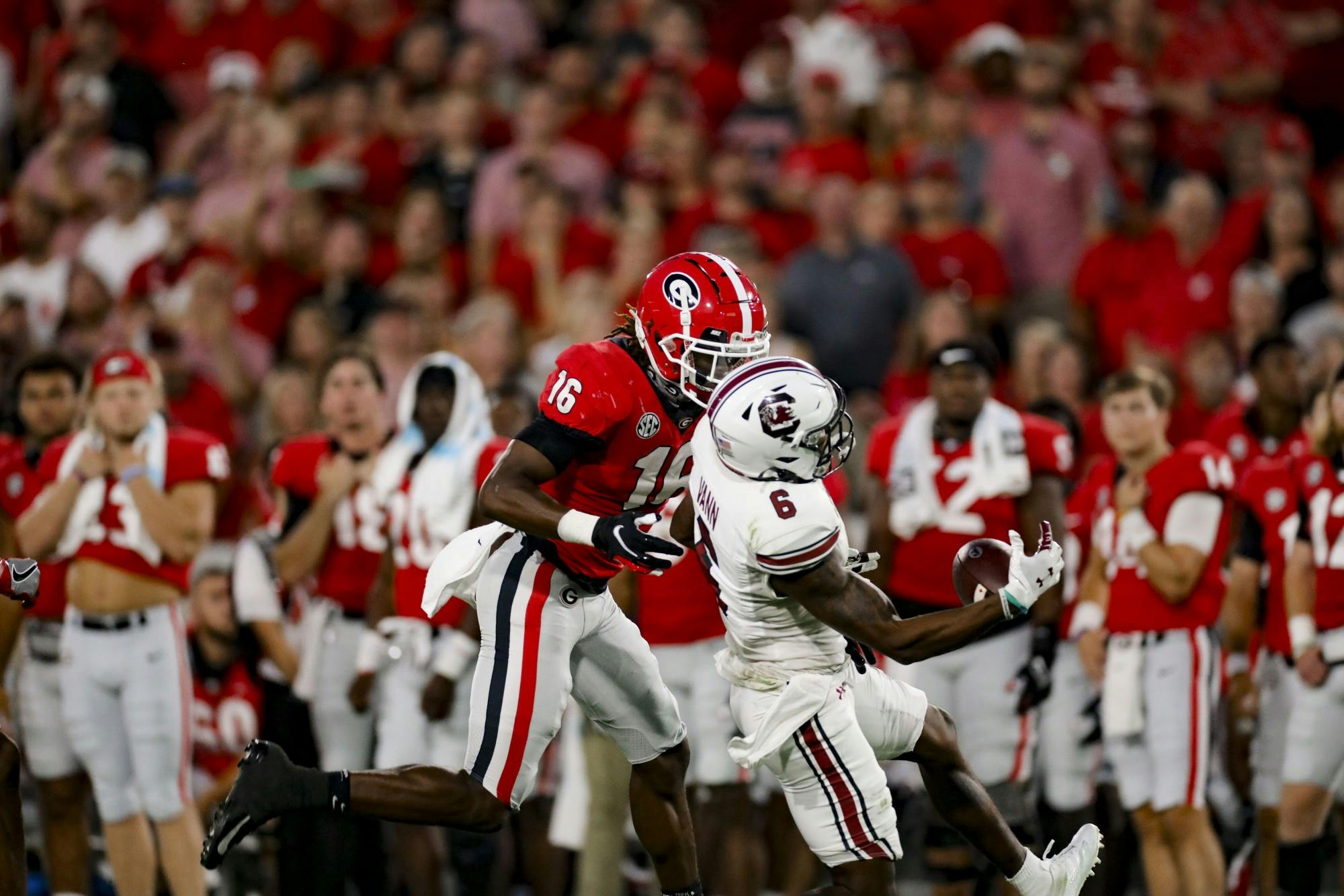 Senior wide receiver Josh Vann catches a pass in South Carolina's game against Georgia on Sept. 18, 2021.