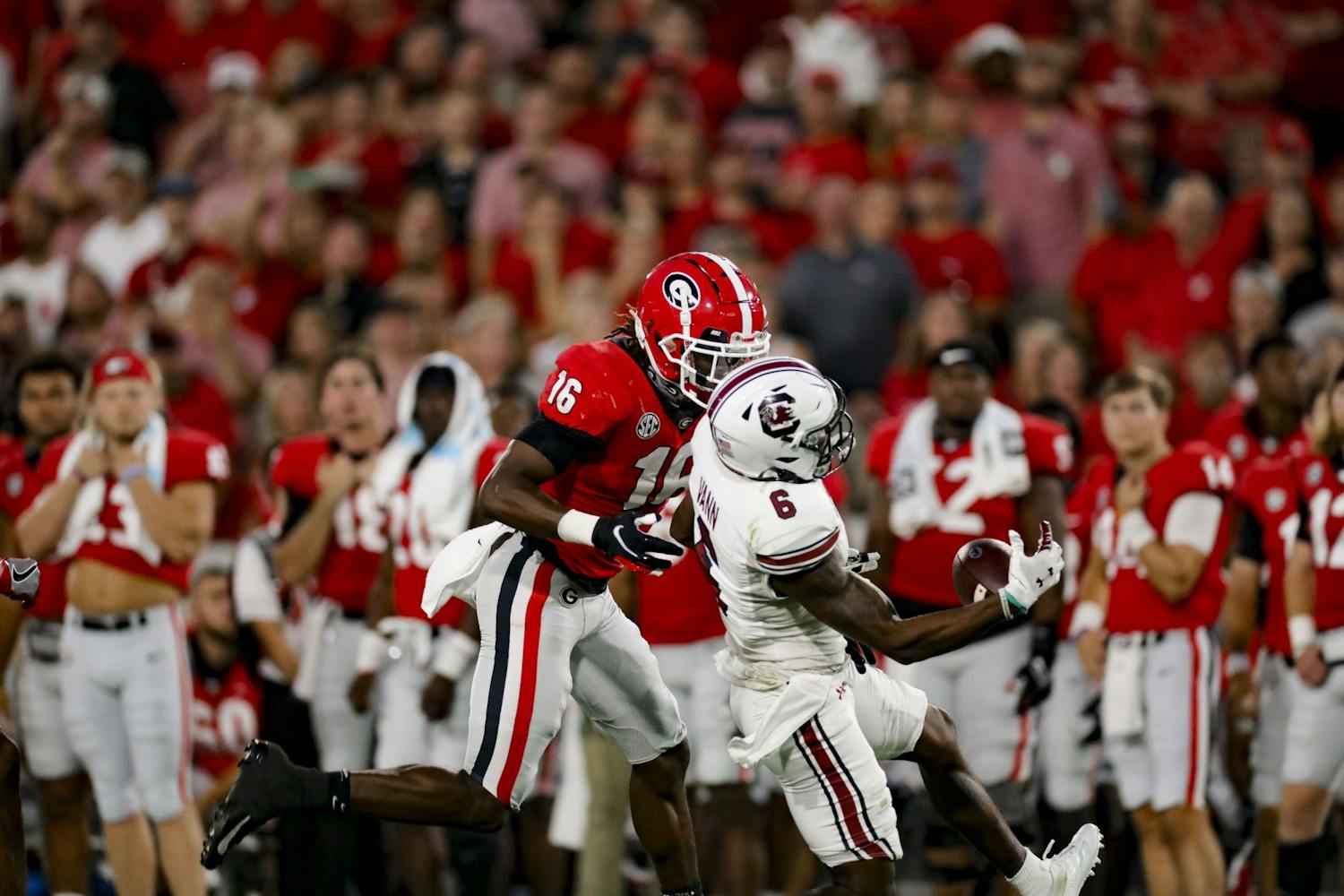 Senior wide receiver Josh Vann catches a pass in South Carolina's game against Georgia on Sept. 18, 2021.