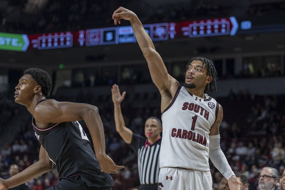 <p>Guard Jacobi Wright finishes a 3-point attempt during the Gamecocks’ matchup against Texas A&amp;M at Colonial Life Arena on Feb. 1, 2025. Wright scored 3 points for the Gamecocks during their 76-72 loss to the Aggies.</p>