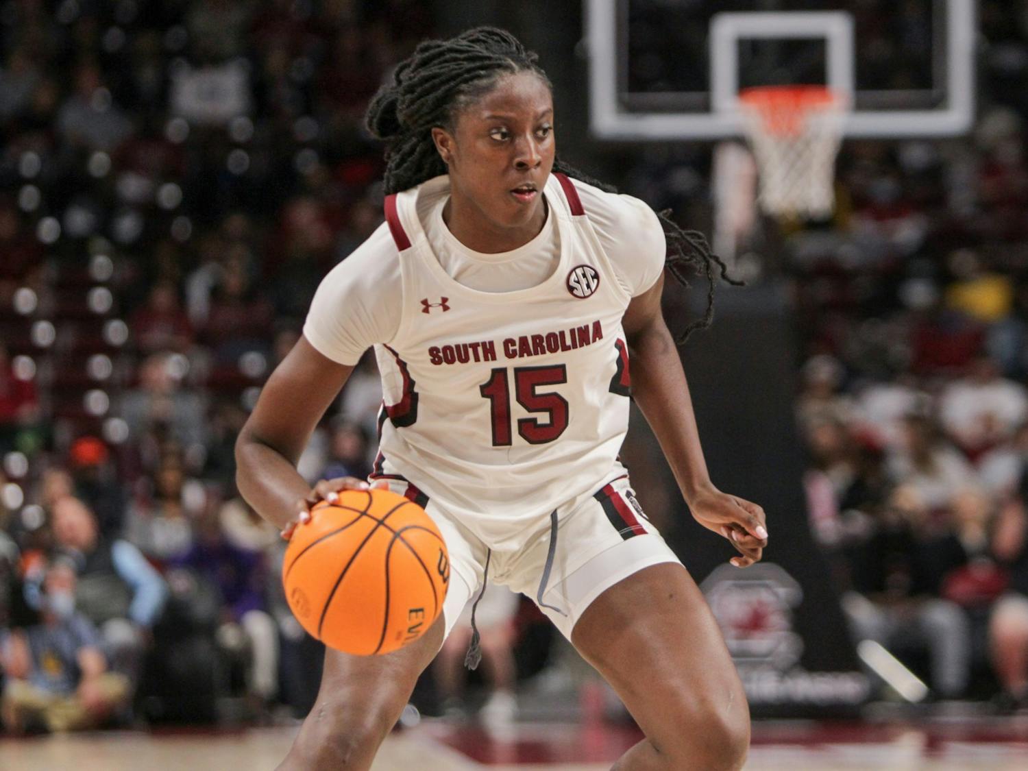 Junior forward Laeticia Amihere works her way toward the basket during a game on Feb. 17, 2022 at Colonial Life Arena in Columbia, SC. The Gamecocks beat Auburn 75-38.