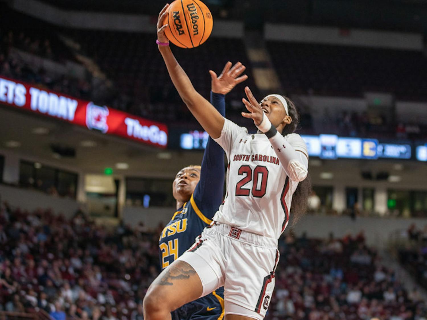 Sophomore Sania Feagin attempts the contested layup during the fast break during South Carolina's matchup with East Tennessee State on Nov. 7, 2022. Feagin finished the game with 15 points. 