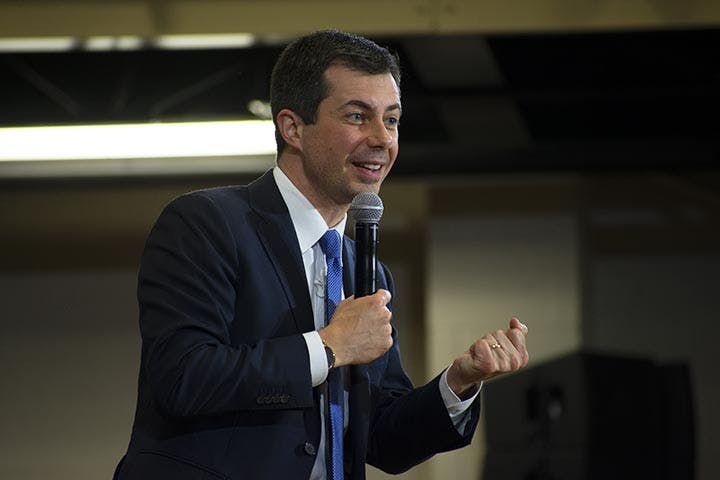 Democratic candidate Pete Buttegieg speaks to the attendees at the Get Out the Vote town hall style forum at a Seven Oaks Park the day before the primaries. Buttigieg answered many questions asked by the forums attendees.&nbsp;