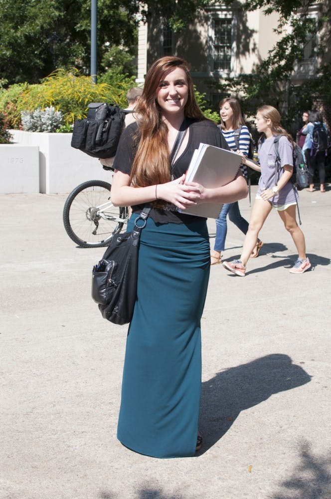	First-year political science major Sierra Wardrup wears a top from Forever21 and a maxi skirt from Victoria&#8217;s Secret.
