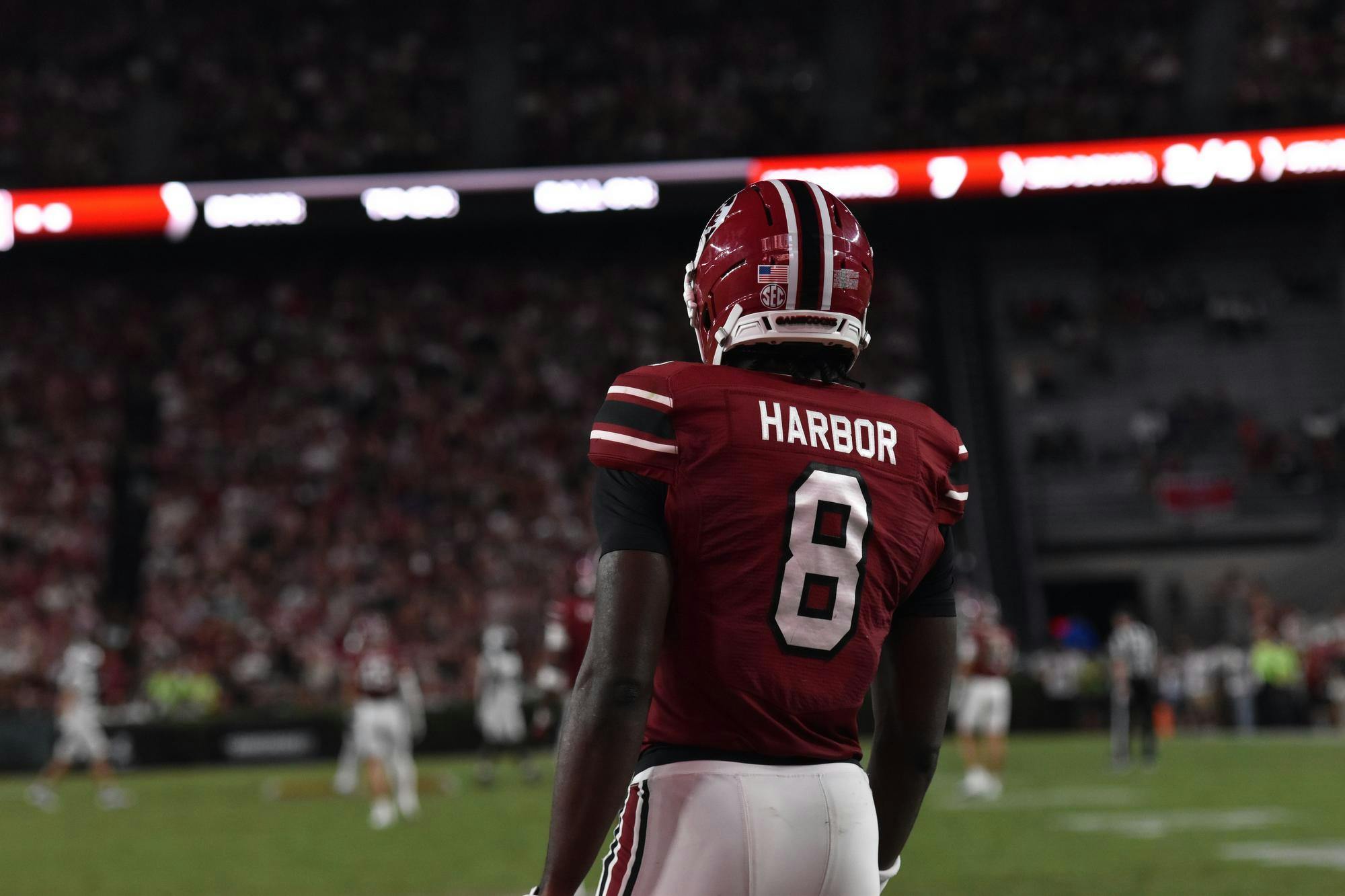 FILE — Junior wide receiver Nyck Harbor looks into the stands during the game against Vanderbilt on Sept. 13, 2025, at Williams-Brice Stadium. During the game, Harbor had 66 receiving yards.