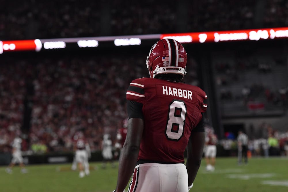 <p>FILE — Junior wide receiver Nyck Harbor looks into the stands during the game against Vanderbilt on Sept. 13, 2025, at Williams-Brice Stadium. During the game, Harbor had 66 receiving yards.</p>