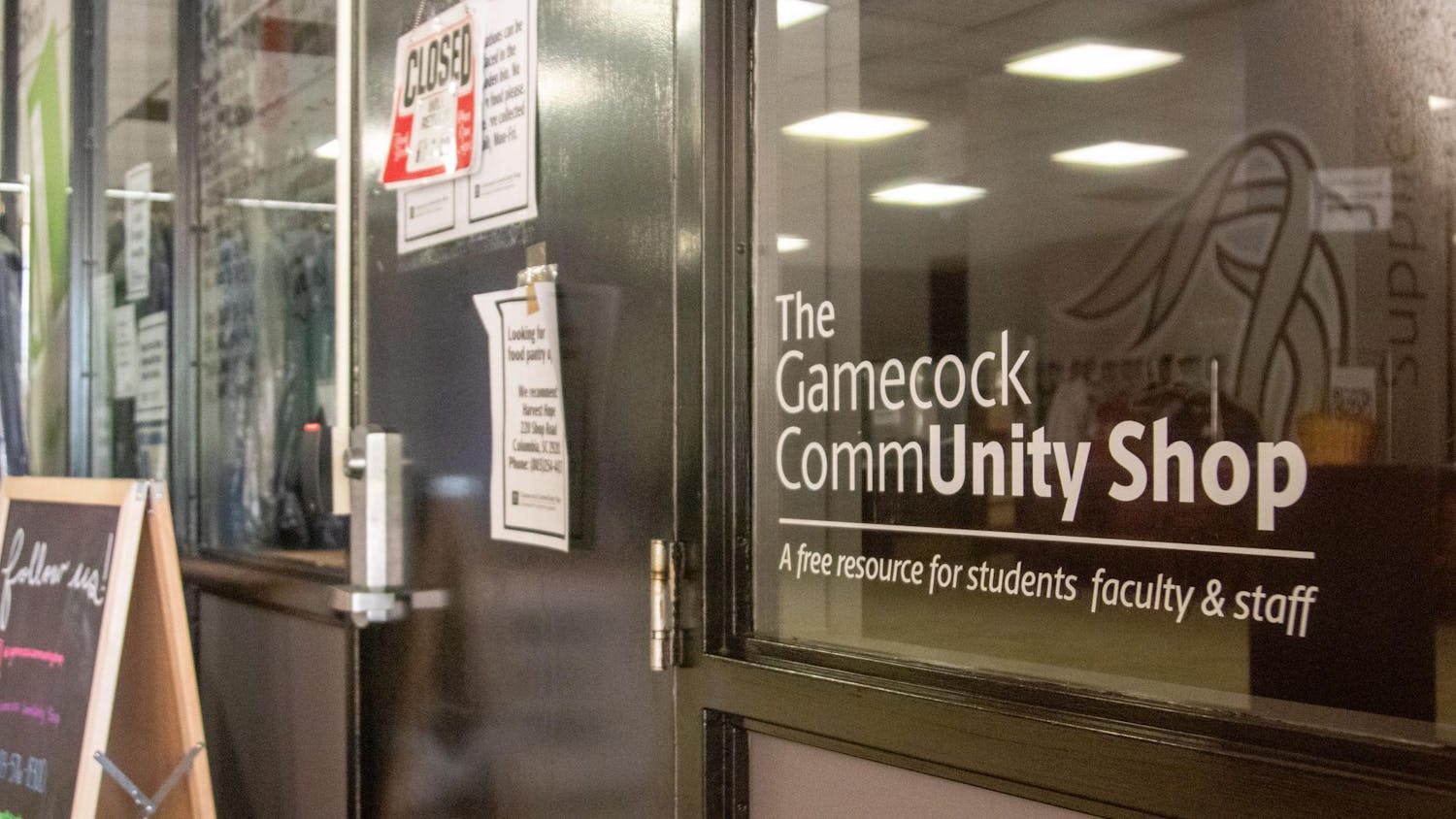 The doors of the Gamecock Community Shop on May 31, 2024. Located in the Carolina Coliseum, the shop offers free essentials to USC students, faculty, and staff with a valid CarolinaCard.
