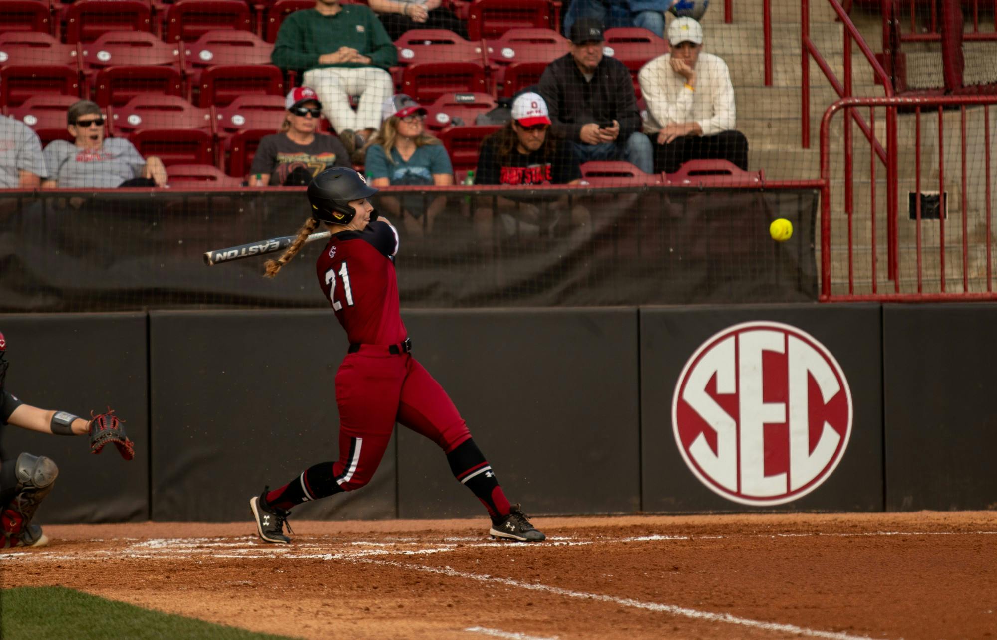 Outfielder Katie Prebble hits ball in the Ohio State game on Feb. 26, 2022, at Beckham Field. Carolina lost in their third game of the Carolina Classic against Ohio State 6-2.