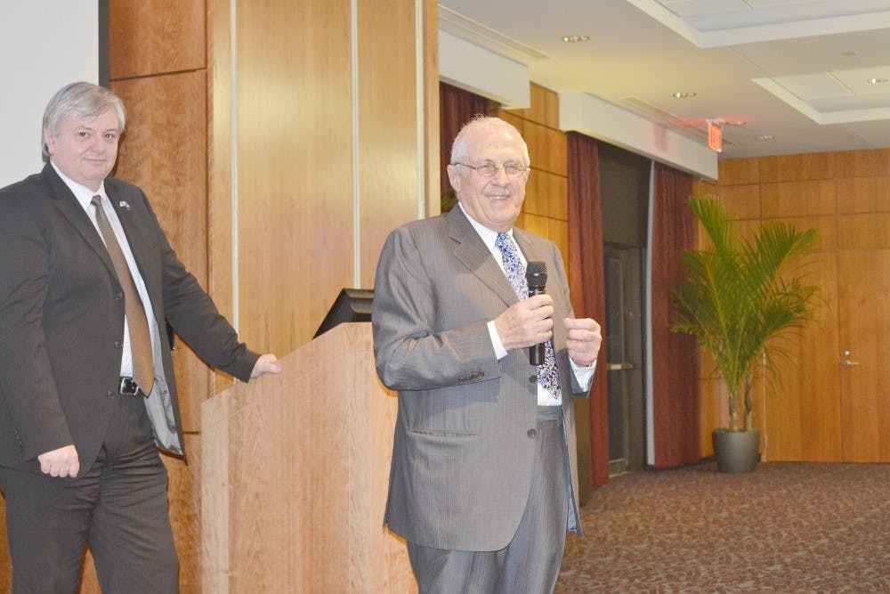 	Dimitrios Pandermalis (right), president and curator of the Acropolis Museum in Athens, Greece, gave a lecture in the Capstone Campus Room Thursday evening.