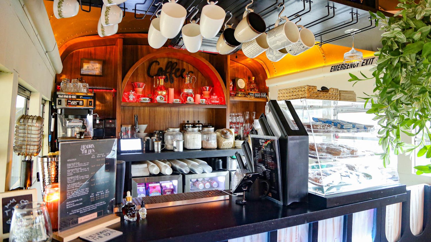 The counter at Hendrix the Bus Coffee Shop in Five Points on Feb. 11, 2025. Hendrix the Bus Coffee Shop is a 2010 Thomas American school bus transformed into a coffee shop, owned by couple Levy Gomez and Samara Ruiz.