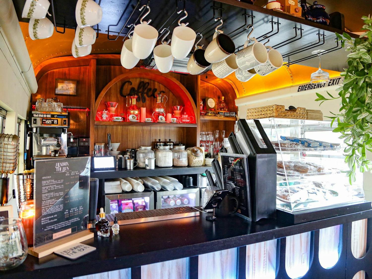 The counter at Hendrix the Bus Coffee Shop in Five Points on Feb. 11, 2025. Hendrix the Bus Coffee Shop is a 2010 Thomas American school bus transformed into a coffee shop, owned by couple Levy Gomez and Samara Ruiz.