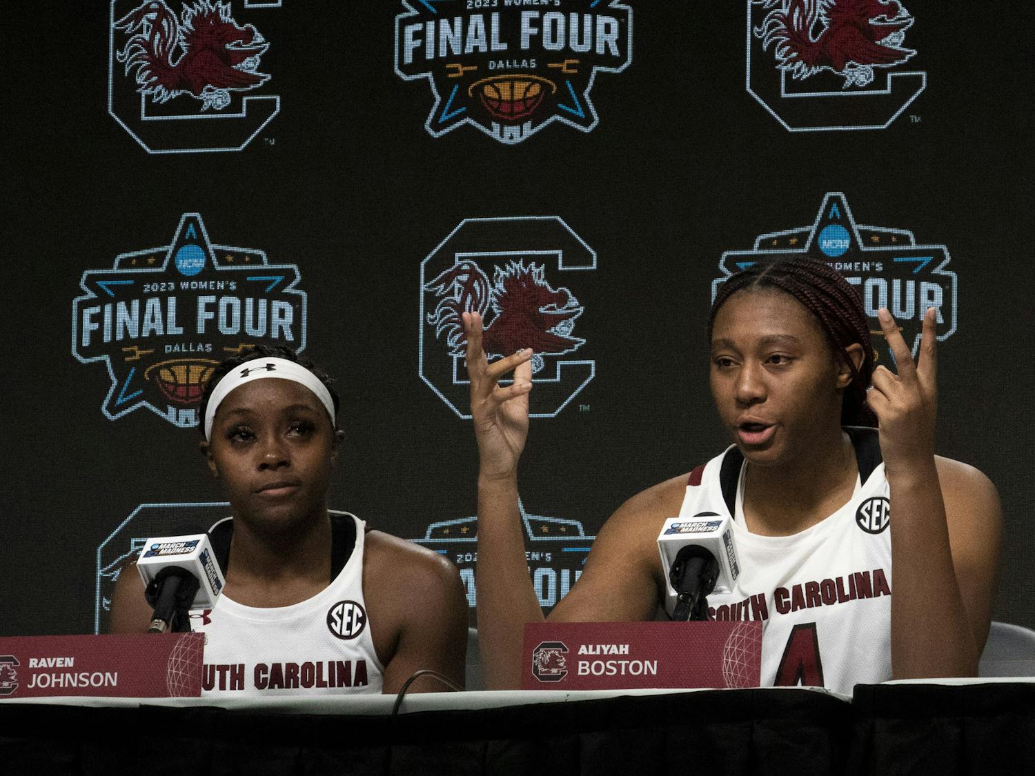 Senior forward Aliyah Boston and redshirt freshman guard Raven Johnson share their post-game thoughts and feelings about the Women’s Final Four match against Iowa on March 31, 2023. The Gamecocks lost to the Hawkeyes 77-73, ending its 42-game winning streak.&nbsp;