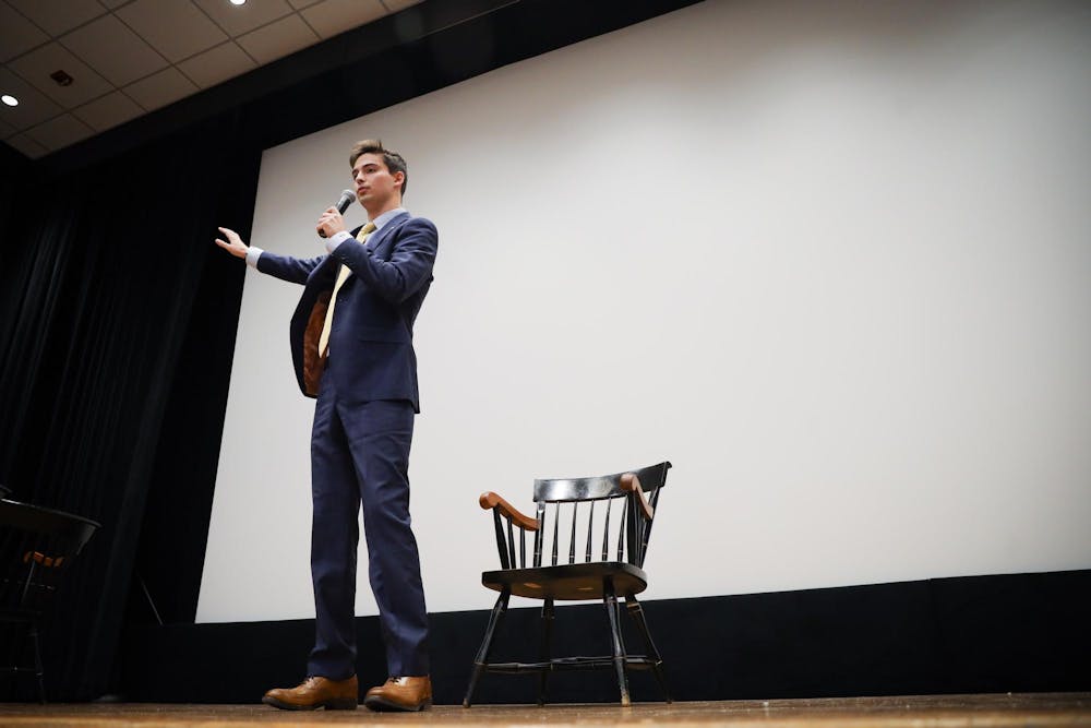 <p>Patton Byars, the candidate for student body president, stands on stage during individual questioning of the Student Government debate on Feb. 14, 2024. Byars is running alongside Courtney Tkacs, a second-year public health and political science student, who plans to foster a better connection between Student Government and the student body.</p>